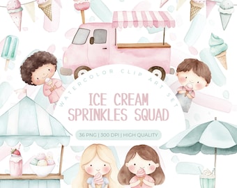 Ice Cream Watercolor Clipart, Summer Clipart Kids, Ice Cream Truck Clipart, Commercial Use Clipart, Birthday Party Ice Cream, Ice Cream PNG