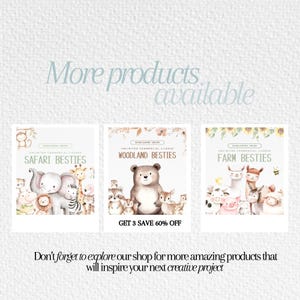 K&ouml;nnte beinhalten: Drei digitale Clipart-Sets mit niedlichen Tierillustrationen. Die Sets sind mit "Safari Besties", "Woodland Besties" und "Farm Besties" betitelt. Jedes Set enth&auml;lt eine Vielzahl von Tieren, wie Elefanten, Giraffen, B&auml;ren, Hirsche, Lamas, Schweine und K&uuml;he. Der Text "GET 3 SAVE 60% OFF" wird unter dem mittleren Clipart-Set angezeigt.