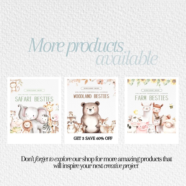 K&ouml;nnte beinhalten: Drei digitale Clipart-Sets mit niedlichen Tierillustrationen. Die Sets sind mit "Safari Besties", "Woodland Besties" und "Farm Besties" betitelt. Jedes Set enth&auml;lt eine Vielzahl von Tieren, wie Elefanten, Giraffen, B&auml;ren, Hirsche, Lamas, Schweine und K&uuml;he. Der Text "GET 3 SAVE 60% OFF" wird unter dem mittleren Clipart-Set angezeigt.