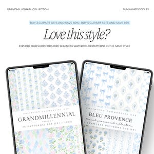 May include: Two digital tablets displaying watercolor patterns. One tablet shows floral and geometric designs in blue, pink, and green. The other tablet features blue bows and floral motifs. Text includes "Grandmillennial" and "Bleu Provence".