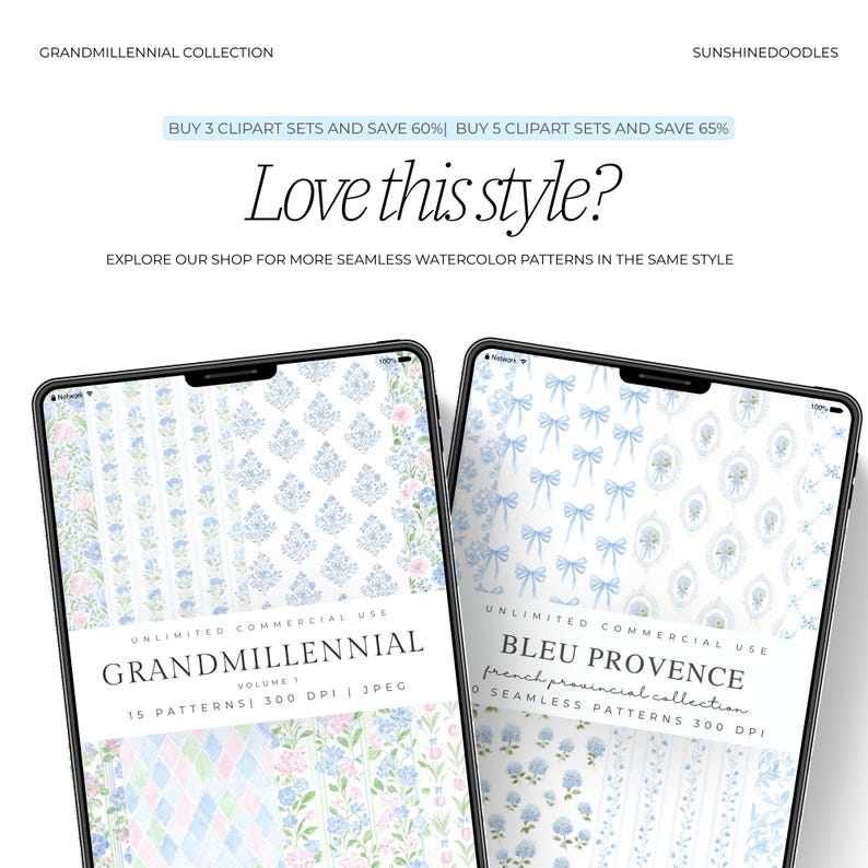 May include: Two digital tablets displaying watercolor patterns. One tablet shows floral and geometric designs in blue, pink, and green. The other tablet features blue bows and floral motifs. Text includes "Grandmillennial" and "Bleu Provence".