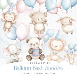 Ballon aquarelle animaux Clipart mignon |  Clipart mensuel bébé | Clipart baby shower | Clipart animaux ballons | Clipart anniversaire mignon