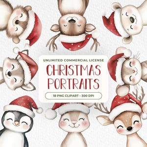 Retratos de animais de Natal, clipart de animais de Natal em aquarela, clipart de animais fofos de Natal, animais bebês PNG, chá de bebê de Natal