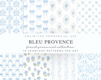 Blue Coquette Seamless Patterns, Baby Blue Floral Digital Paper, Bows Watercolor Backgrounds, Vintage Floral Infinite Pattern, Toile Pattern