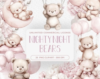 25 Cute Pink Bears Watercolor Clipart,  Teddy Bear Cute Baby Shower Clipart, Pink Bear Nursery Decor Clipart, Watercolor Teddy Bear PNG