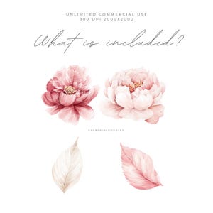 May include: Watercolor illustration featuring two pink peony flowers, a light beige leaf, and a pink leaf. The text "What is included?" is written in cursive. The image also includes the text "UNLIMITED COMMERCIAL USE" and "300 DPI 2000X2000".