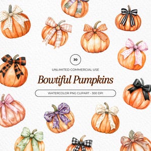 Fall Pumpkin Clipart Bundle, Watercolor Pumpkins with Bow Watercolor Autumn Pumpkins PNG, Cute Pumpkin Clipart, Fall PNG, Commercial License