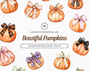 Fall Pumpkin Clipart Bundle, Watercolor Pumpkins with Bow Watercolor Autumn Pumpkins PNG, Cute Pumpkin Clipart, Fall PNG, Commercial License