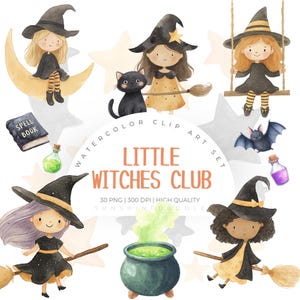 Cute Witch Clipart Set, Witch Watercolor, Halloween Clipart, Broomstick, Cauldron, Spellbook, Halloween PNG, Commercial Use, Halloween PNG