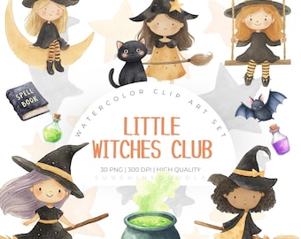 Söt häxa Clipart Set, häxakvarell, Halloween Clipart, kvastskaft, kittel, trolldomsbok, Halloween PNG, kommersiellt bruk, Halloween PNG