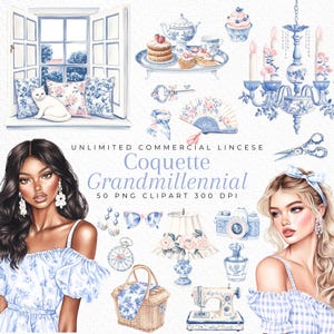 Clipart acquerello Grandmillennial, Clipart estetica Coquette, Clipart chinoiserie vintage, Clipart cottagecore, Adesivo per planner digitale