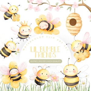 Acuarela de abejas / Paquete de imágenes prediseñadas de abejas de miel / Imágenes prediseñadas de uso comercial / Imágenes prediseñadas de primavera / Abejorro lindo PNG / Decoración de guardería / Abeja PNG
