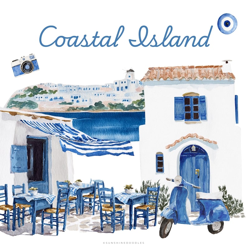 May include: Watercolor illustration of a coastal island scene. Features white buildings with blue accents, a blue scooter, and tables set for dining. The text "Coastal Island" is written in blue script. A blue camera and an evil eye charm are also included.
