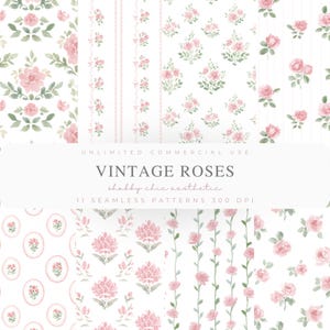 May include: Eleven seamless patterns showcasing watercolour roses in pink and green hues. The designs feature diverse arrangements of roses, leaves, and stems against a white backdrop. Text reads "VINTAGE ROSES" and "shabby chic aesthetic".
