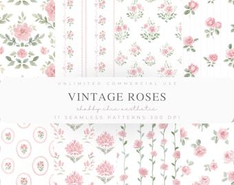 Coquette Aesthetic Seamless Patterns, Pink Roses Digital Paper, Bows Watercolor Backgrounds, Vintage Floral Infinite Pattern, Preppy Pattern