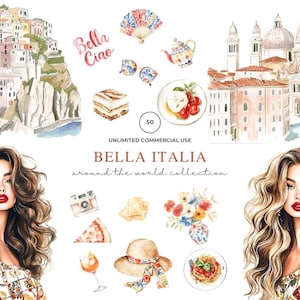 May include: Watercolor illustrations of Italian landmarks, food, and fashion.  The illustrations include a cityscape, a woman with long blonde hair, a plate of pasta, a pizza slice, a glass of wine, a hat, a bouquet of flowers, a camera, a teapot, a fan, and a dessert. The text "Bella Italia" and "around the world collection" is included in the image.