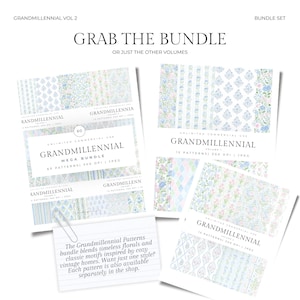 May include: A bundle set of Grandmillennial patterns, featuring floral and classic motifs in soft blue and pink hues. The text reads "Grab the Bundle" and "Grandmillennial Mega Bundle" with details on patterns and DPI.