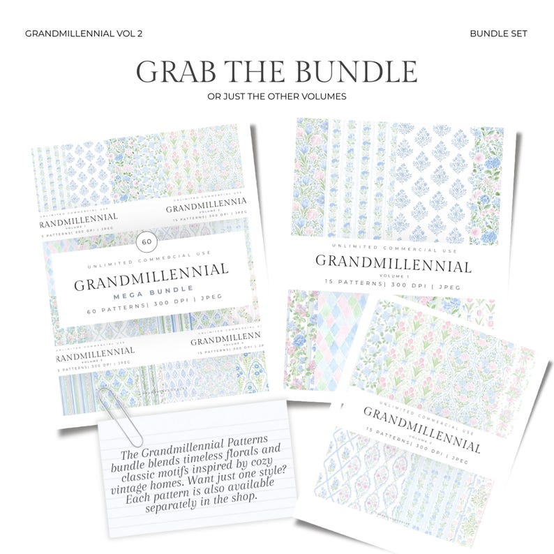 May include: A bundle set of Grandmillennial patterns, featuring floral and classic motifs in soft blue and pink hues. The text reads "Grab the Bundle" and "Grandmillennial Mega Bundle" with details on patterns and DPI.