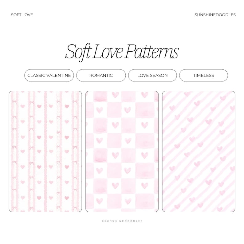 May include: A digital art print titled "Soft Love Patterns" featuring three designs: vertical stripes with hearts and bows, a pink and white checkerboard with hearts, and diagonal stripes with hearts. The designs are in shades of pink.