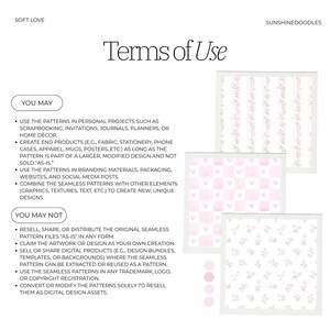 May include: A digital art print featuring the text "Terms of Use" with examples of seamless patterns in pink and white. The patterns include floral, heart, and striped designs. The print also lists usage guidelines.