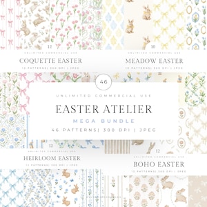 Puede incluir: Un paquete de arte digital con patrones temáticos de Pascua. La imagen muestra varios diseños con conejitos, flores y lazos. El texto incluye "COQUETTE EASTER", "MEADOW EASTER", "EASTER ATELIER MEGA BUNDLE", "HEIRLOOM EASTER" y "BOHO EASTER".