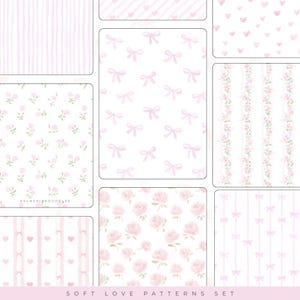 May include: A collection of nine soft pink and white patterns. The patterns include stripes, bows, hearts, and floral designs. The text at the bottom reads "SOFT LOVE PATTERNS SET".