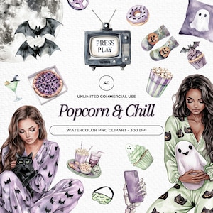 40 Watercolor Clipart Movie Night, Halloween Clipart, Halloween Pajama Party Clipart Set, Halloween Clipart Bundle, Spooky, Commercial use