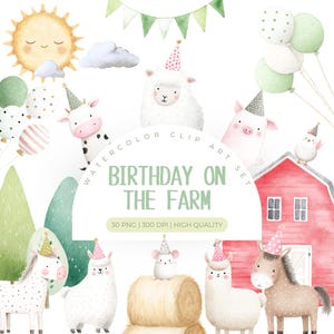 Clipart de Aniversário de Fazenda | Animais Fofos de Celeiro PNG | Ilustrações de Festa Infantil na Fazenda | Clipart de Aquarela de Fazenda | Clipart de Uso Comercial | Vaca PNG