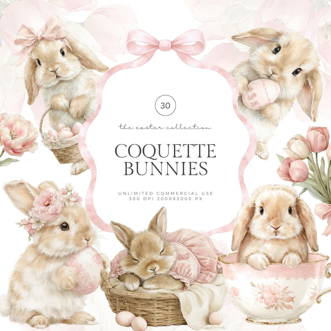 Watercolor Easter Bunnies Clipart, Cute Bunny Easter Png, Coquette ...