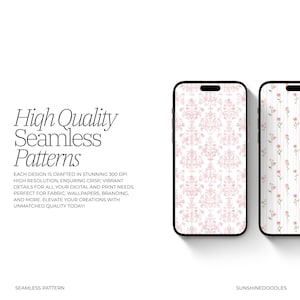 May include: Two smartphones displaying seamless patterns. One features a pink damask design, the other a floral stripe. Text reads "High Quality Seamless Patterns" and details about the designs. The bottom of the image says "Seamless Pattern" and "Sunshinedoodles".