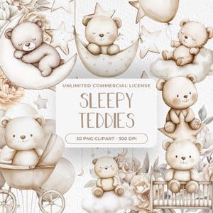 Neutral Watercolor Teddy Bear Clipart, Beige Bears PNG,  Neutral Baby Shower Clipart Teddy, Sleeping Teddies PNG,  Boho Teddy Bear Clipart
