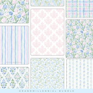 May include: A collection of patterned digital papers in various designs. The patterns include floral, striped, and damask motifs in pastel colors such as pink, blue, and green. The text "GRAND MILLENNIAL BUNDLE" is at the bottom.