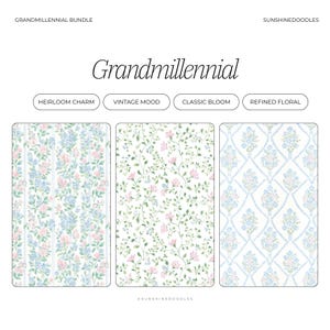 May include: A bundle of three floral pattern designs in pastel colors. The designs include vertical stripes with blue and pink flowers, a pattern of small pink flowers and green vines, and a blue floral diamond pattern. The word "Grandmillennial" is at the top.