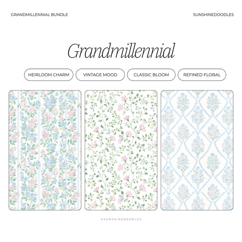 May include: A bundle of three floral pattern designs in pastel colors. The designs include vertical stripes with blue and pink flowers, a pattern of small pink flowers and green vines, and a blue floral diamond pattern. The word "Grandmillennial" is at the top.