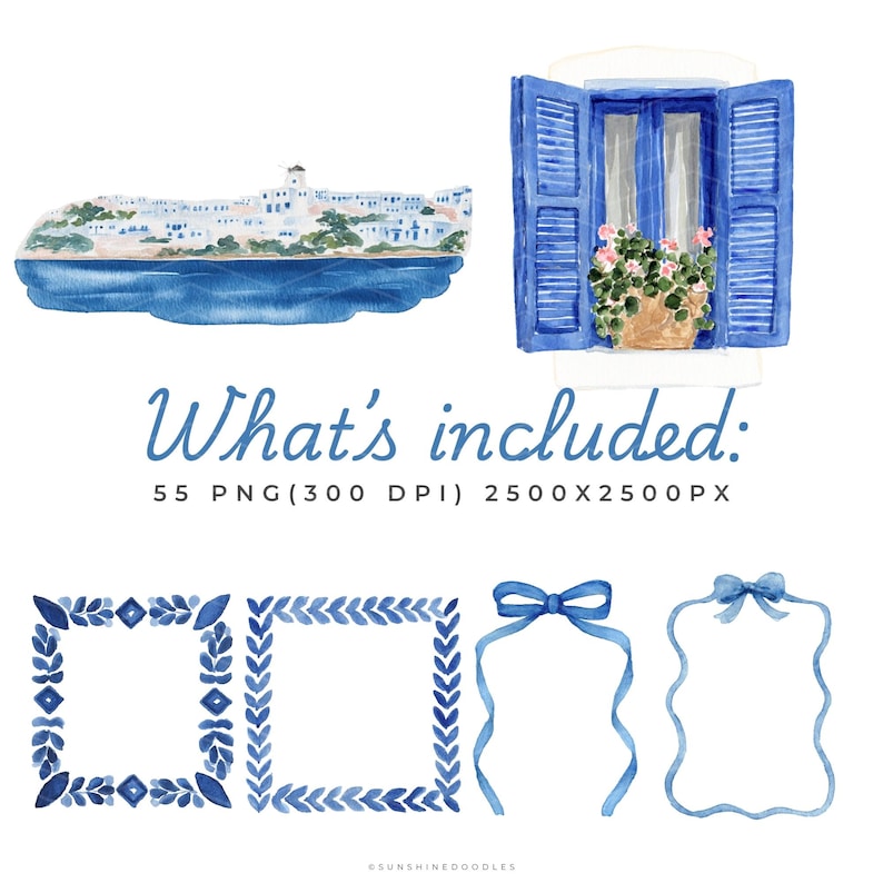 May include: Watercolor illustration featuring a coastal town, a blue window with shutters, and decorative frames. The text "What's included" is written in blue script. The image includes bows and ribbons in shades of blue.
