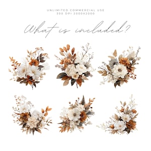 May include: Six watercolour floral arrangements in white, brown, and orange hues. The image features various floral designs, with the text "What is included?" at the top. The words "UNLIMITED COMMERCIAL USE" and "300 DPI 2000x2000" are also visible.