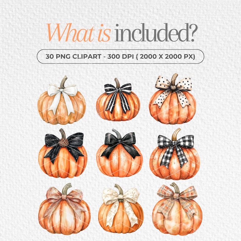 May include: Set of 30 digital clipart images of pumpkins with different colored bows. The pumpkins are orange and the bows are black and white, white and brown, and orange and brown. The images are 300 DPI and 2000 x 2000 pixels.