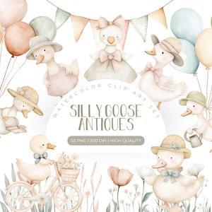 Silly Goose Watercolor Clipart, Vintage Goose PNG, Cottagecore watercolor clip art, Commercial Use, Birthday Party Baby Shower, PNG Goose