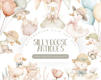 Silly Goose Watercolor Clipart, Vintage Goose PNG, Cottagecore watercolor clip art, Commercial Use, Birthday Party Baby Shower, PNG Goose