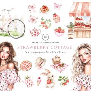 Watercolor Strawberry Cottage Clipart, Summer Clipart, Strawberry Clipart, Digital Stickers, Summer graphics, Strawberry PNG, Summer PNG