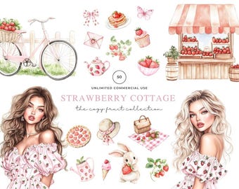 Watercolor Strawberry Cottage Clipart, Summer Clipart, Strawberry Clipart, Digital Stickers, Summer graphics, Strawberry PNG, Summer PNG