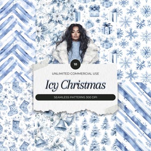 Può includere: Una composizione di arte digitale con una donna in maglione blu e cappotto di pelliccia bianco, circondata da vari motivi natalizi blu e bianchi. I motivi includono fiocchi di neve, regali e disegni floreali. Il testo "Icy Christmas" è visibile.