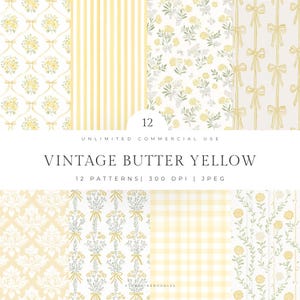 Könnte beinhalten: Eine Sammlung von zwölf digitalen Mustern im Vintage-Stil in Buttergelb. Die Muster umfassen Blumen-, Streifen- und Schleifendesigns. Das Bild enthält den Text "VINTAGE BUTTER YELLOW" und "12 PATTERNS | 300 DPI | JPEG".