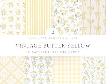 Watercolor Preppy Floral Seamless Patterns, Butter Yellow Vintage Flowers, Coquette Cottagecore Patterns,   Butteryellow Pattern
