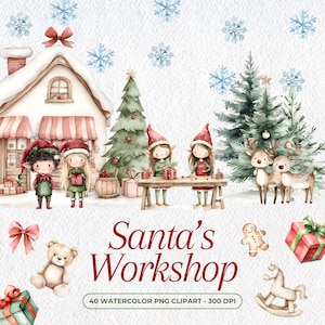 Lindo Clipart de acuarela Taller de Papá Noel, Lindo Clipart de Elfo, Clipart de Personajes de Navidad, Lindo Clipart de Navidad, Lindo Papá Noel PNG, Navidad PNG