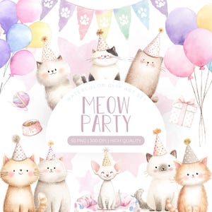 Clipart de acuarela de gatos lindos / Razas de gatos PNG / Clipart de cumpleaños de gato / Clipart de uso comercial / Invitación de cumpleaños de gato, Sublimación / Gatito