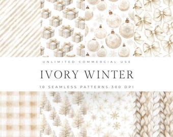 May include: A collection of ten seamless patterns in ivory tones. The patterns include diagonal stripes, gift boxes, Christmas ornaments, bows, plaid, Christmas trees, snowflakes, and a knitted texture. The text "IVORY WINTER" is displayed.