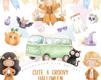 Söt häxa Clipart Set, häxakvarell, Halloween Clipart, kvastskaft, kittel, trolldomsbok, Halloween PNG, kommersiellt bruk, Halloween PNG