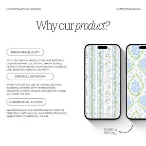May include: Two smartphones displaying floral patterns. One features vertical stripes with flowers, the other a blue floral design. Text includes "Why our product?" and "Elegance in every pixel."