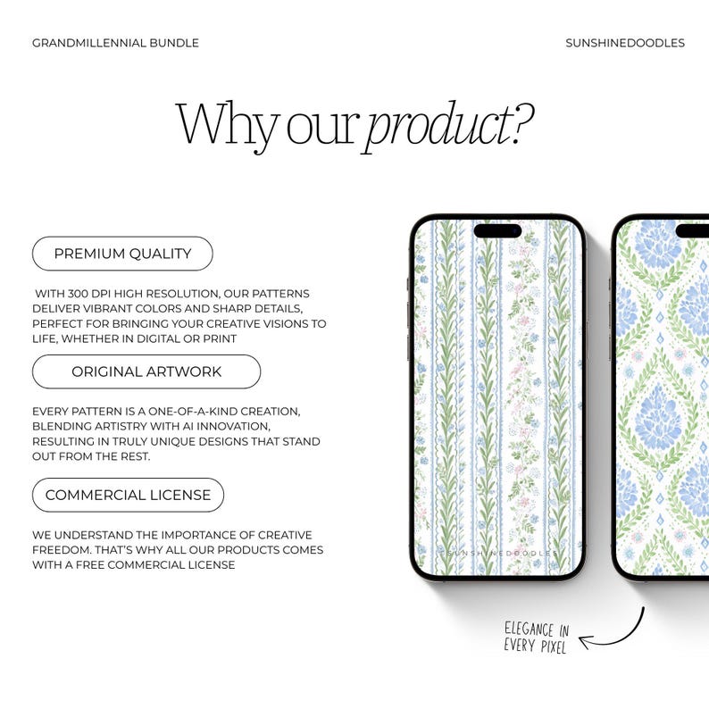 May include: Two smartphones displaying floral patterns. One features vertical stripes with flowers, the other a blue floral design. Text includes "Why our product?" and "Elegance in every pixel."